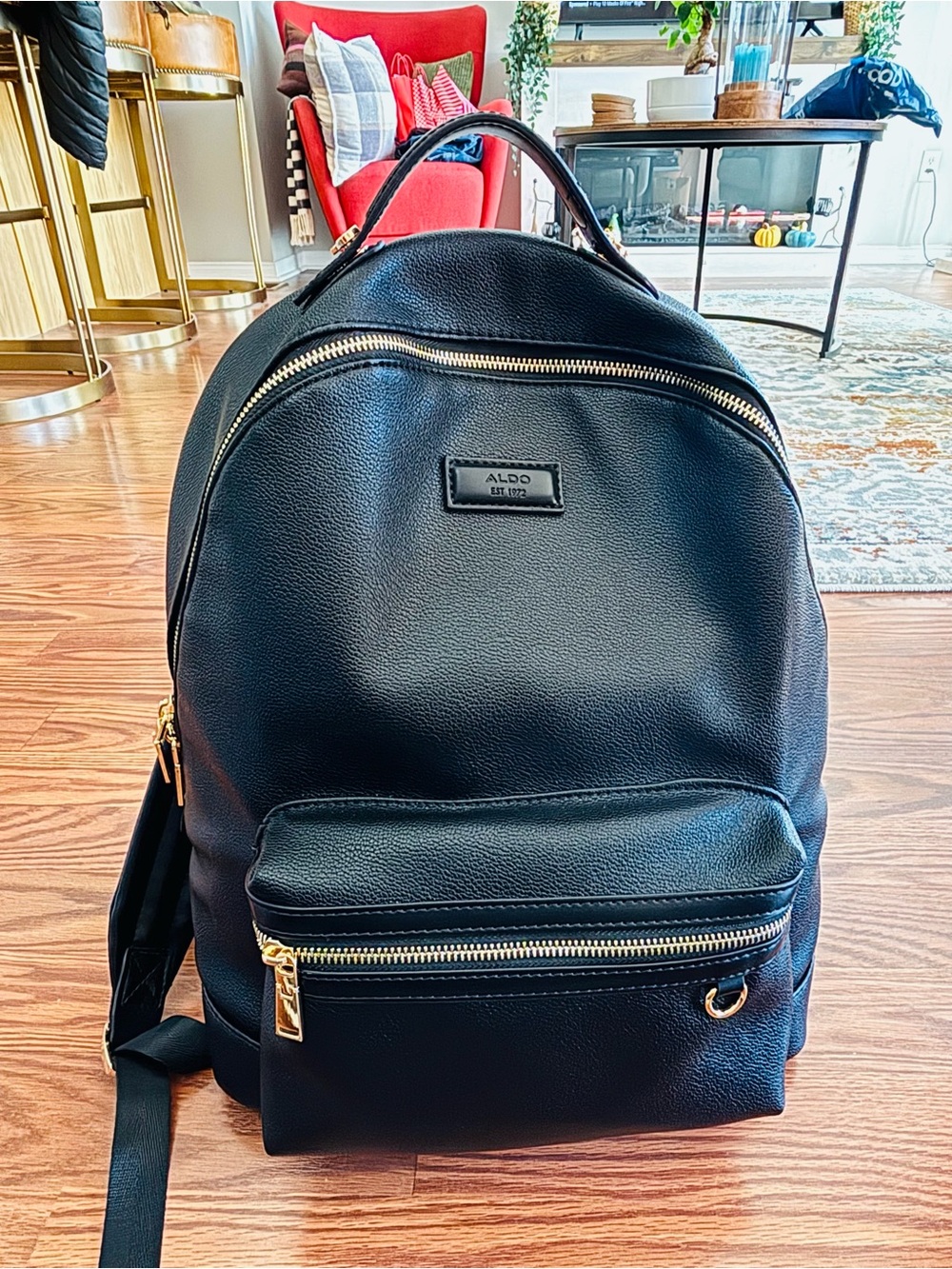 Aldo Black Faux-Leather Backpack with Gold Hardware